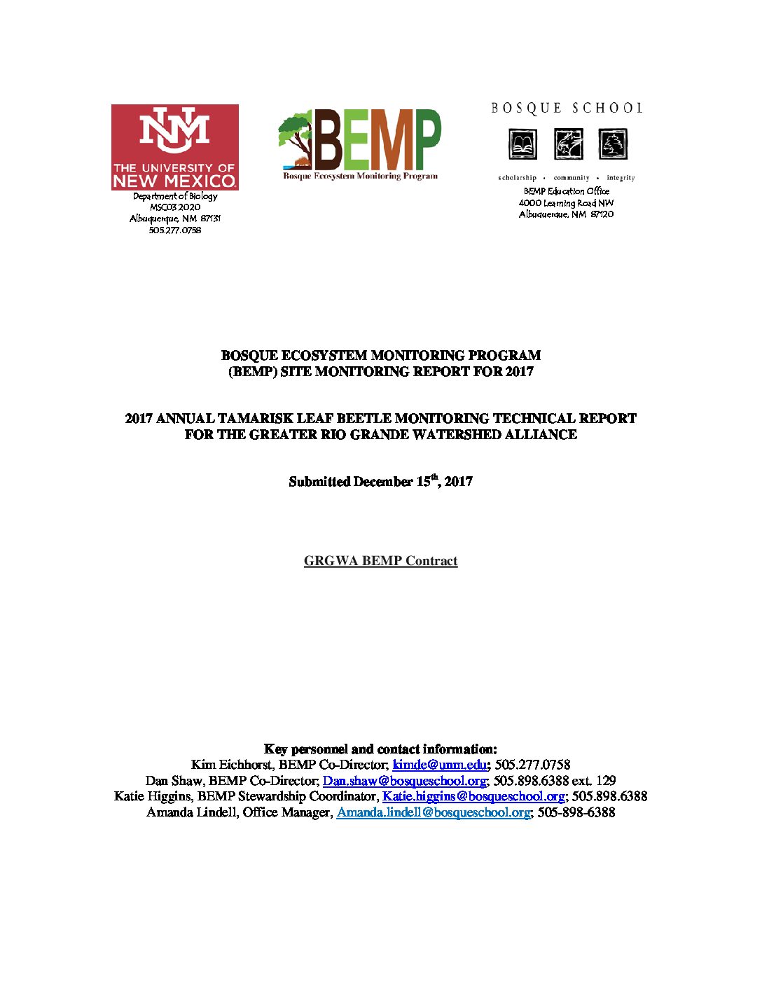 Bosque Ecosystem Monitoring Program (BEMP) Site Monitoring Report for 2017