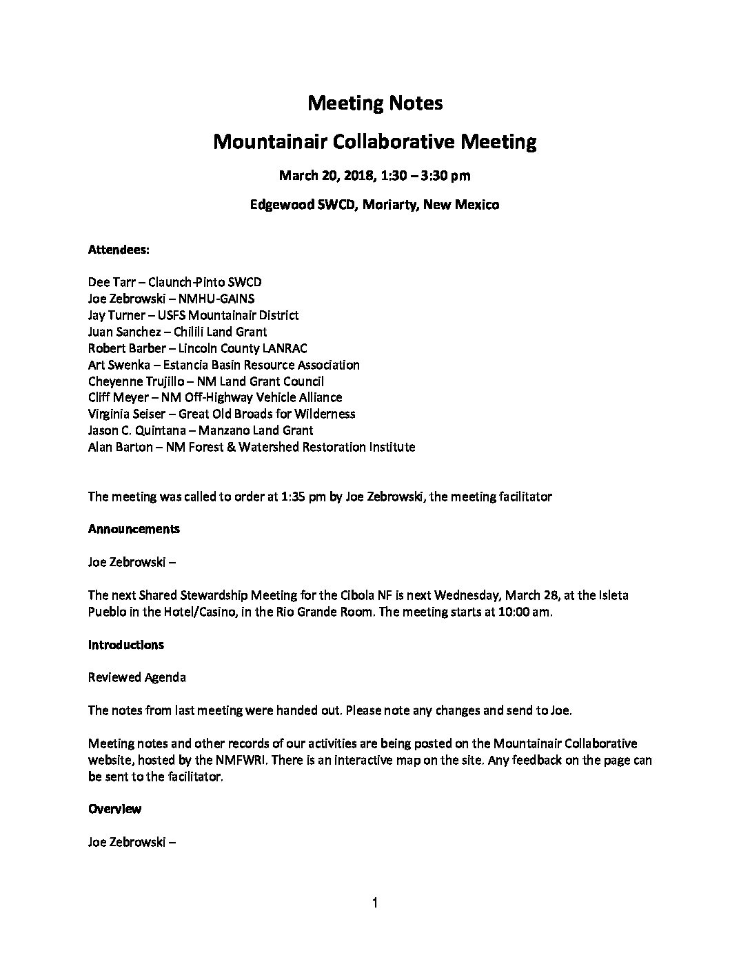 Meeting Notes March 20, 2018