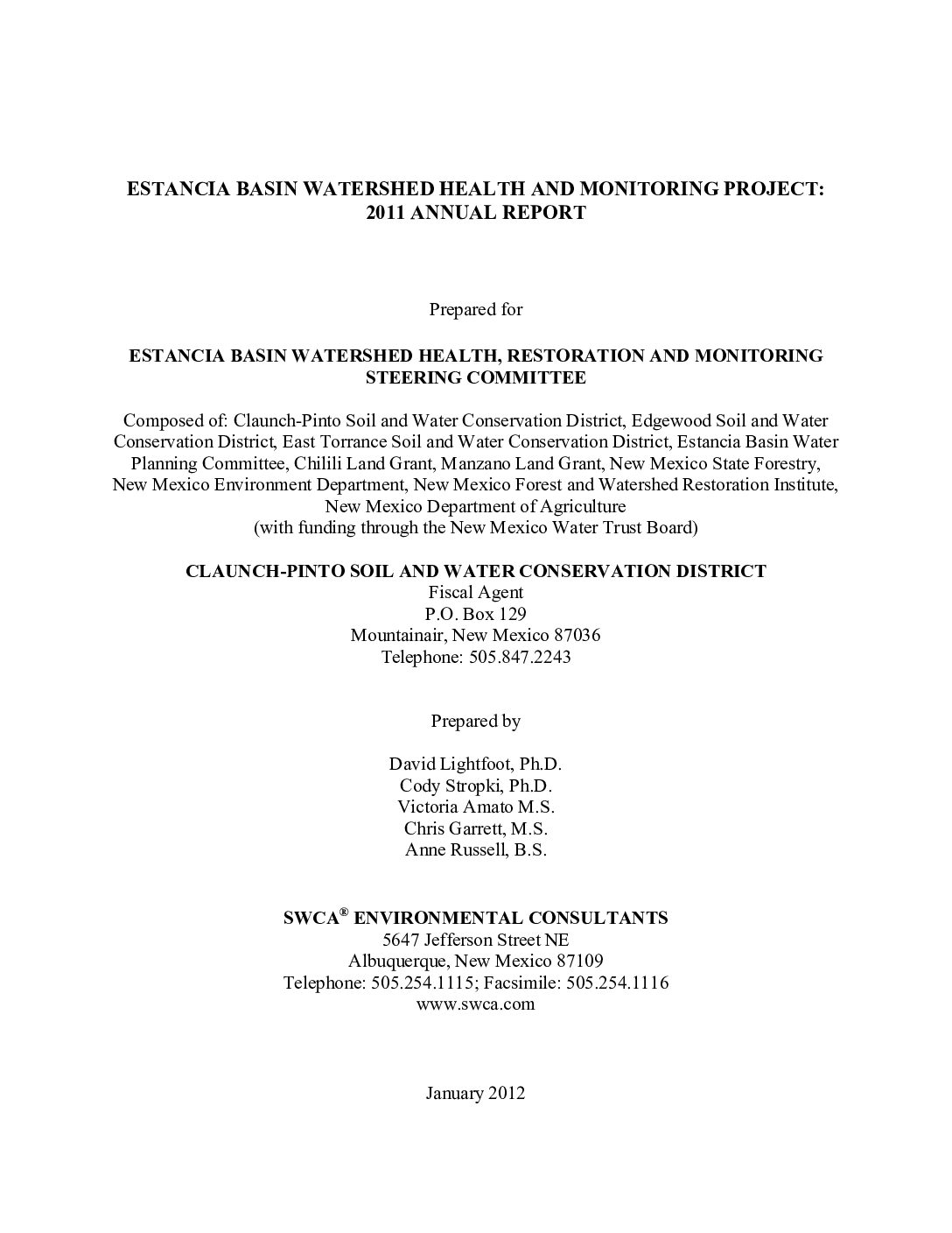 Estancia Basin Watershed Health and Monitoring Annual Report 2011