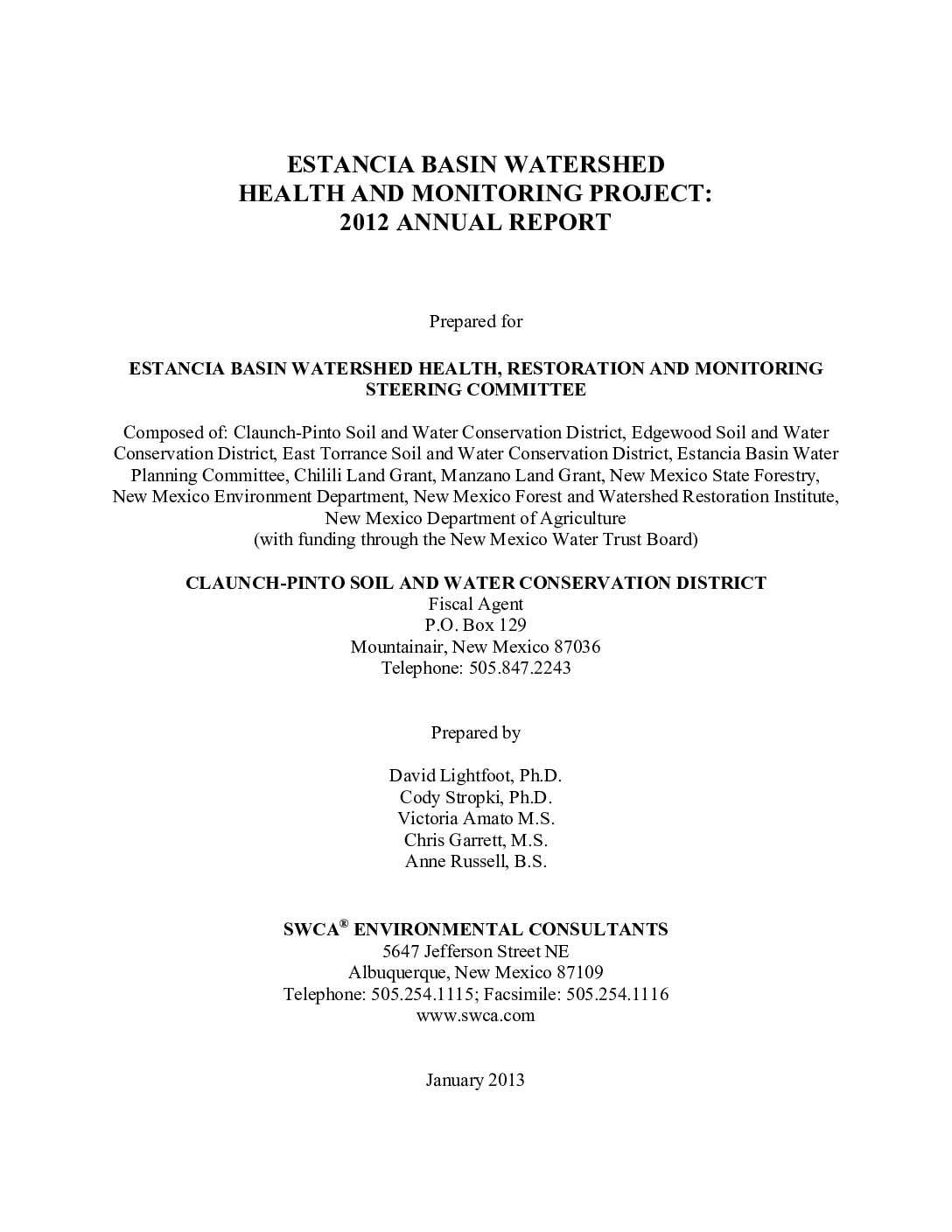 Estancia Basin Watershed Health and Monitoring 2012 Annual Report
