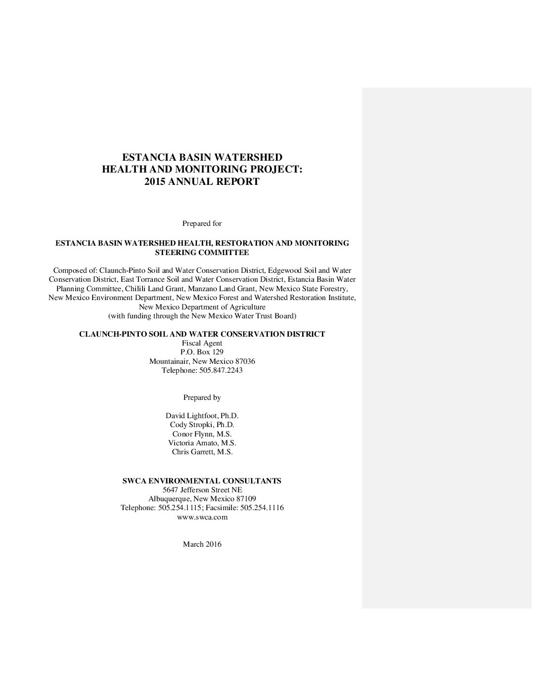 Estancia Basin Watershed Health and Monitoring Annual Report 2015