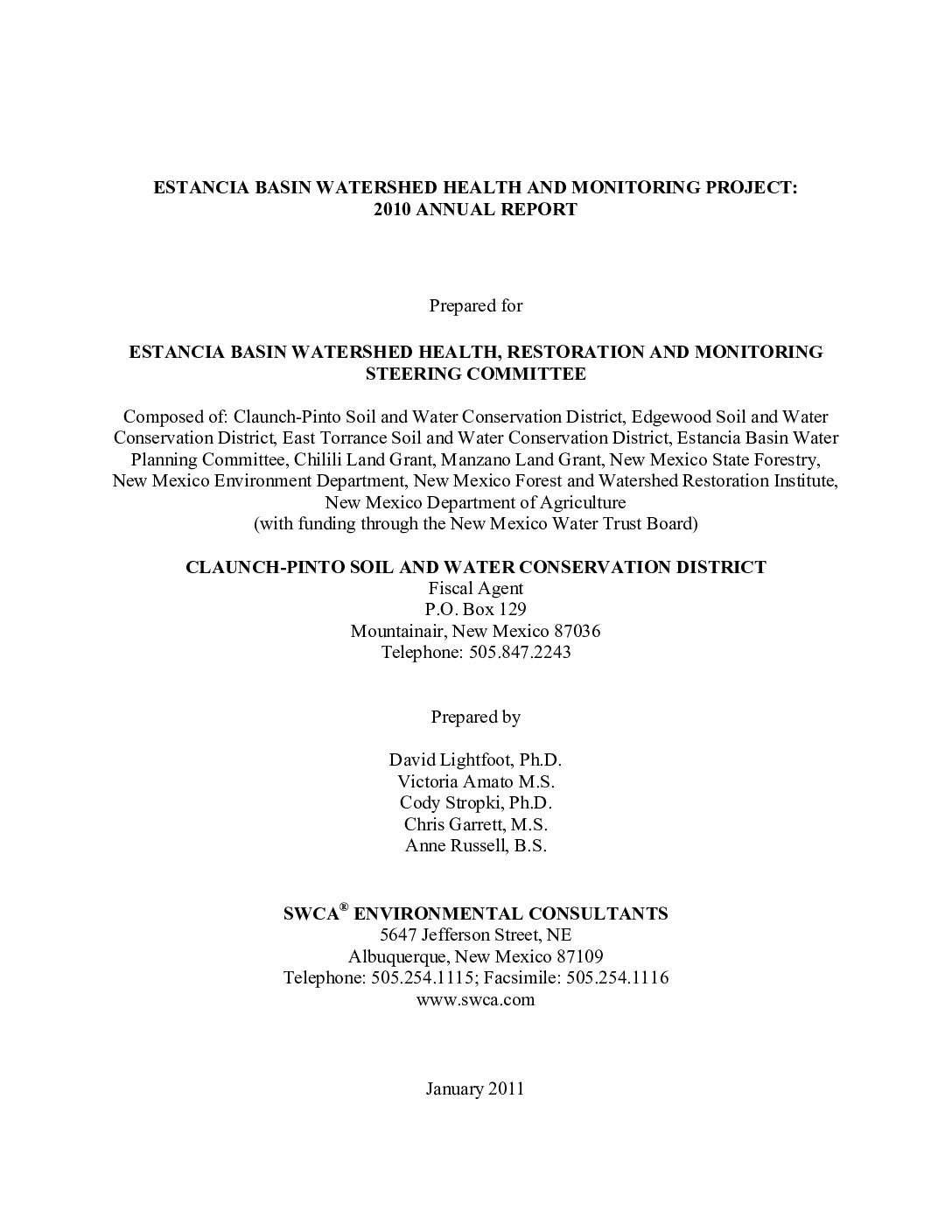 Estancia Basin Watershed Health and Monitoring Project-2010 Annual Report