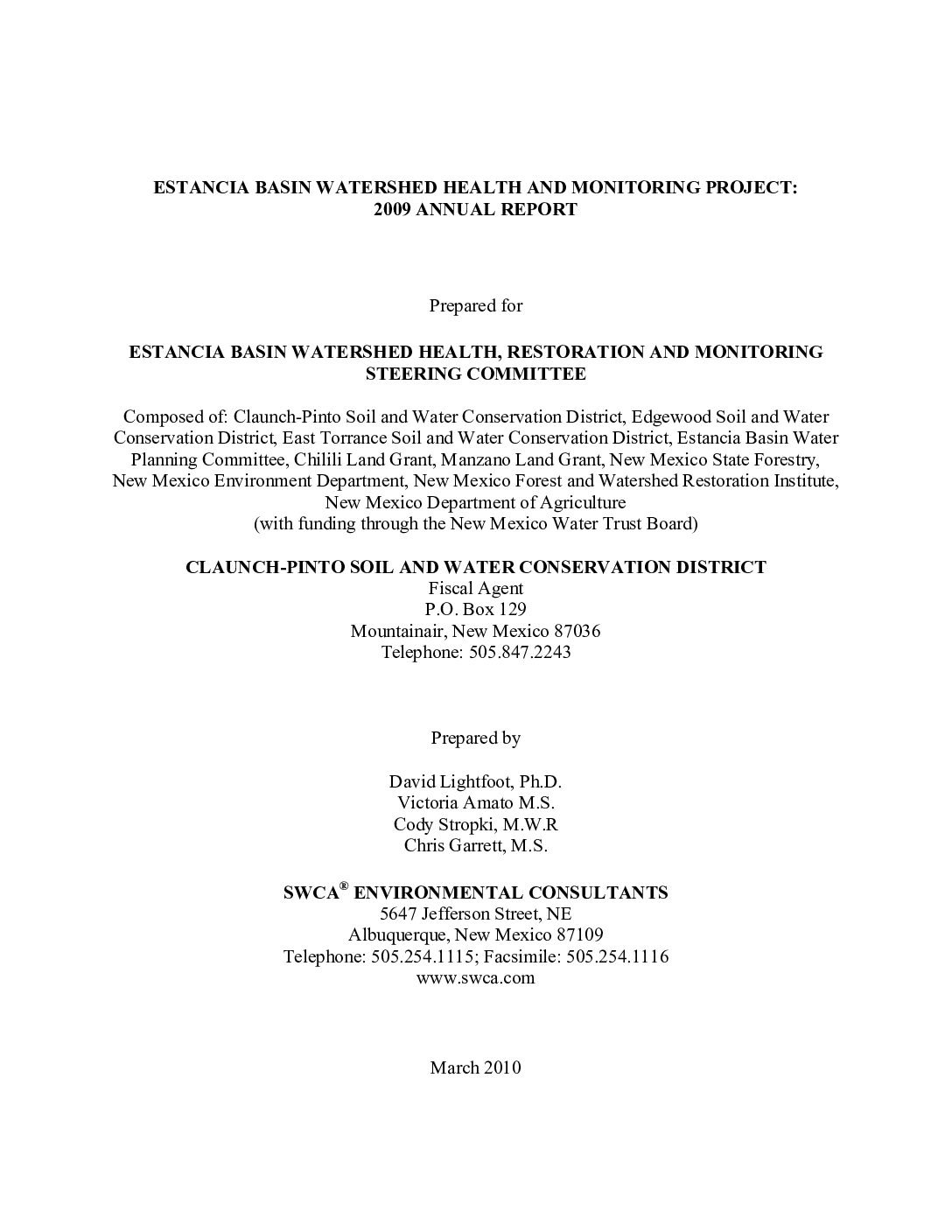 Estancia Basin Watershed Health and Monitoring Project_2009 Annual Report