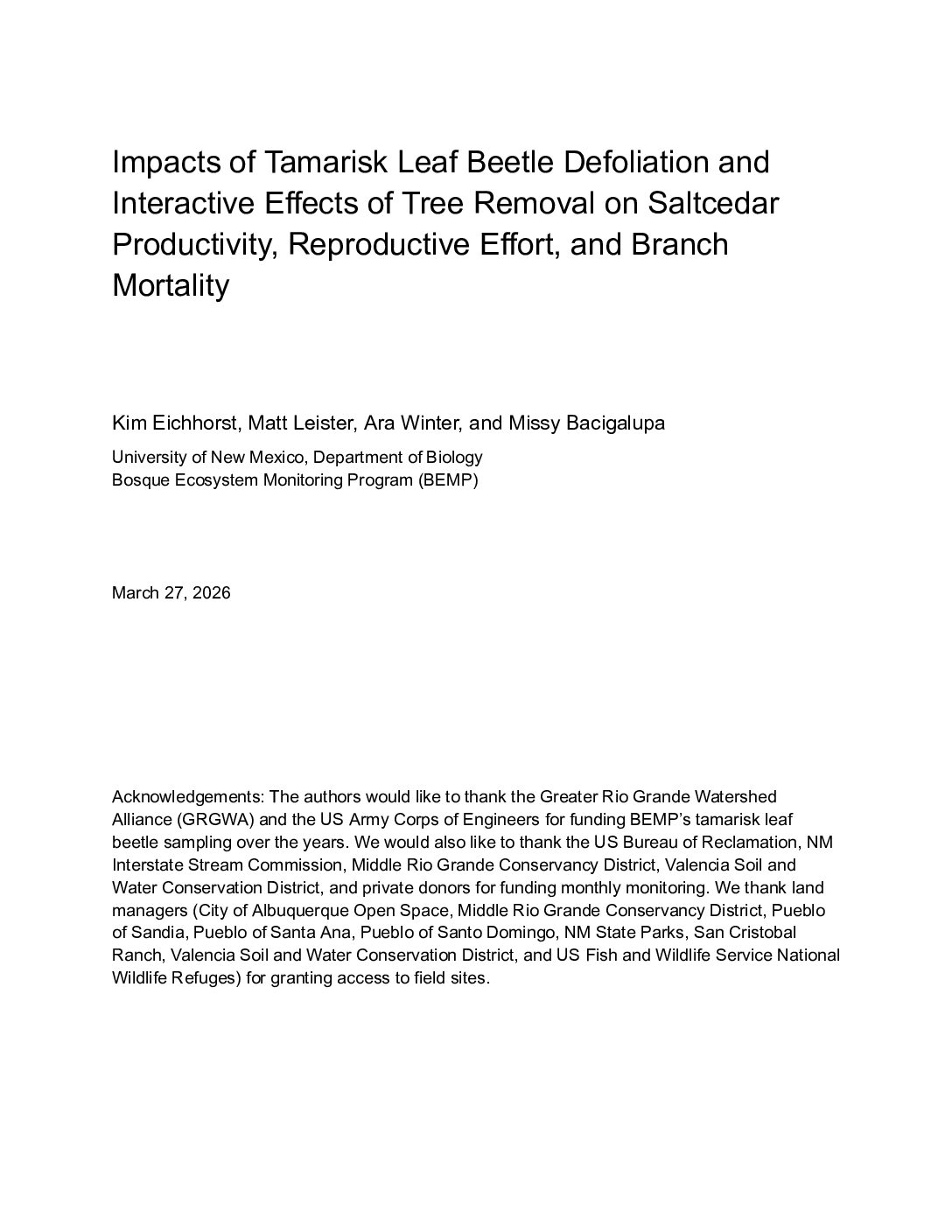 Impacts of Tamarisk Leaf Beetle Defoliation BEMP