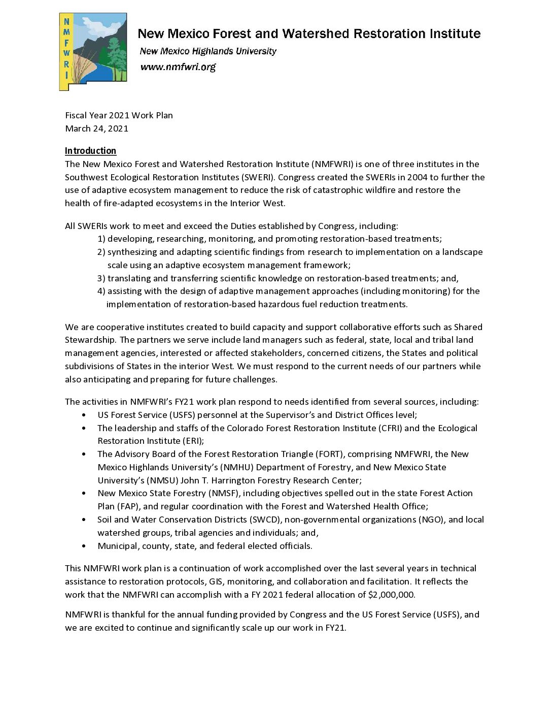 NMFWRI FY-2021 Federal Work Plan
