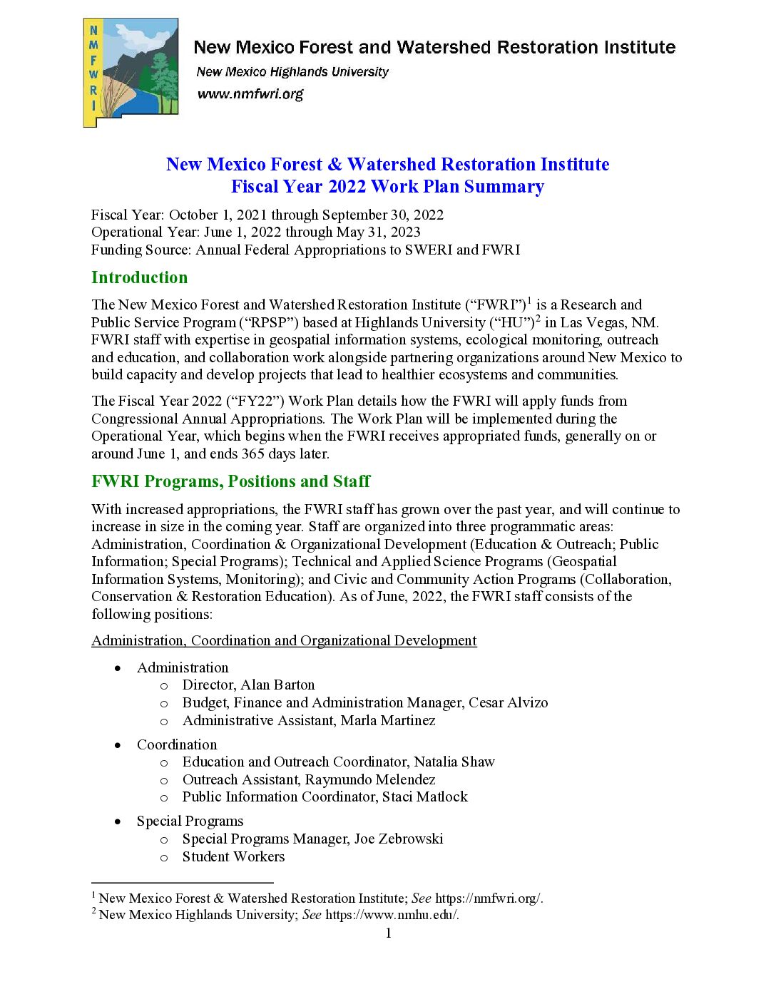 NMFWRI FY-2022 Federal Work Plan Summary