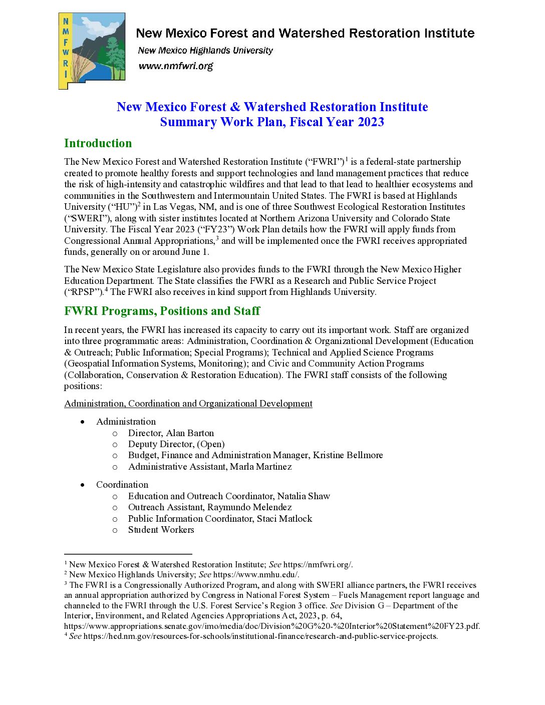NMFWRI FY-2023 Federal Work Plan Summary