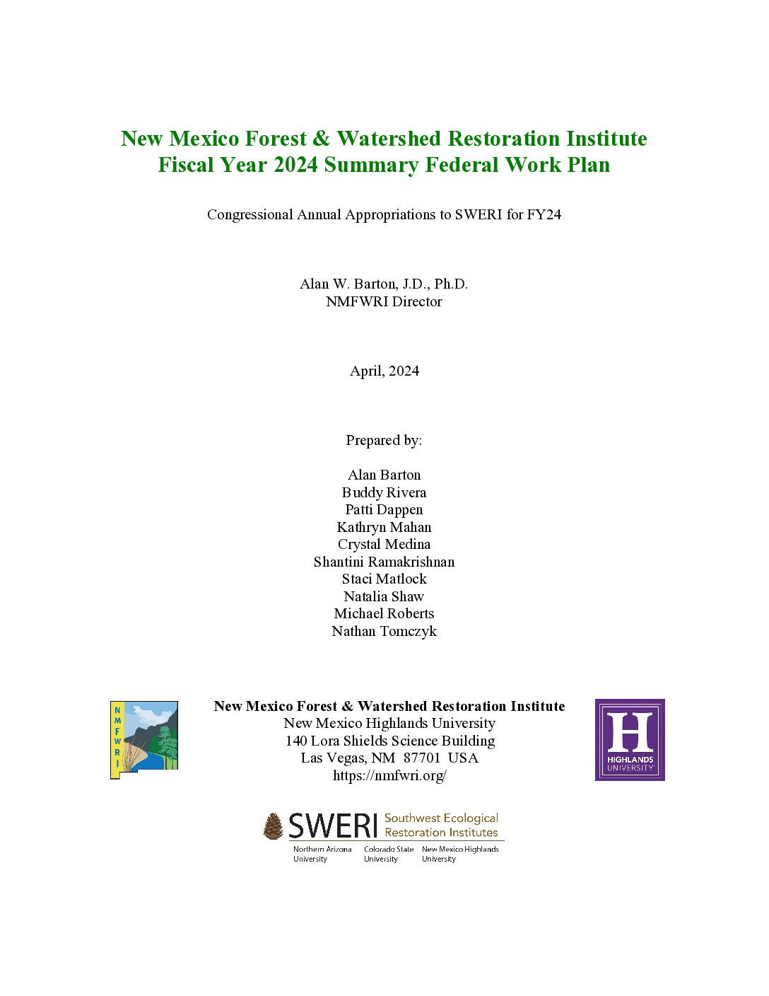 NMFWRI FY-2024 Federal Work Plan Summary