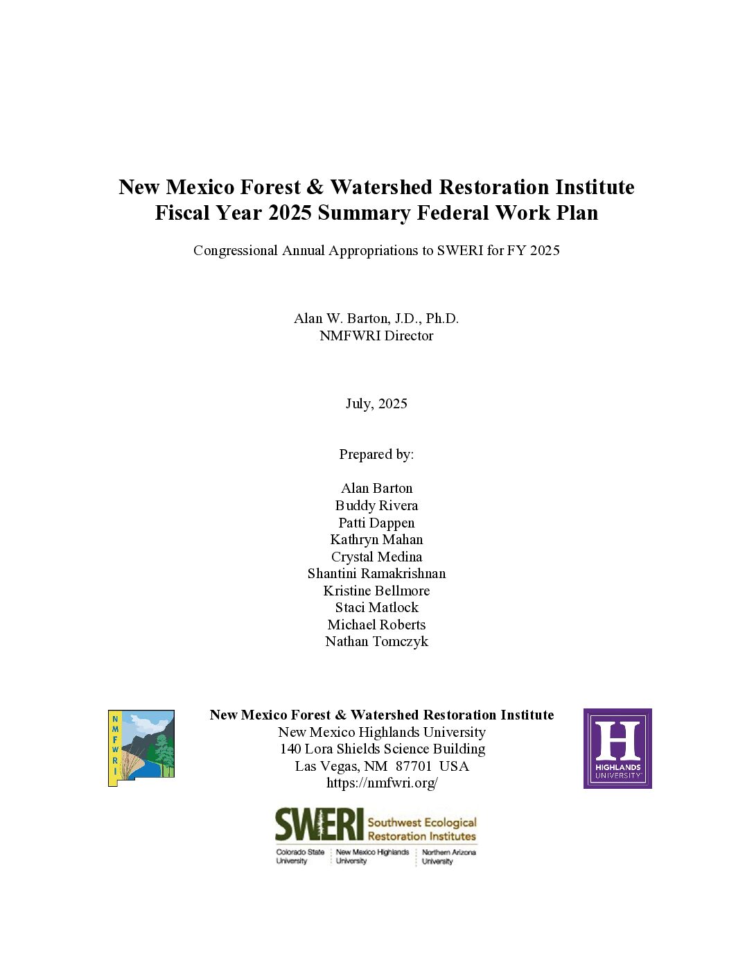 NMFWRI FY-2025 Federal Work Plan Summary